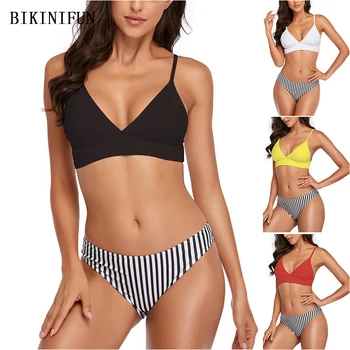 2021 Nauja Seksuali Trikampis Bralette maudymosi Kostiumėliai Moterims, Kietas Viršuje maudymosi kostiumėlį, Dryžuotas Spausdinti Apačioje Paplūdimio S-XL Mergina Backless Bikini Komplektas