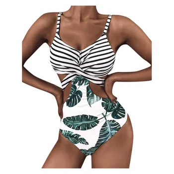 2021 Naujas Patogus vientisas maudymosi kostiumėlis Siamo Paplūdimio Ponios Mados Seksualus Strappy Augalų Spausdinti Susiuvimo Bikini купальник