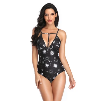 2021 Naujas Seksualus Gilus V Monokini Moterų Metalo Žiedas maudymosi kostiumėlį Backless Paplūdimio S-2XL Mergina Spausdinti Vienas Gabalas Kostiumas Plius Dydis maudymosi Kostiumėliai