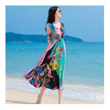 2021 Naujas Vasaros Moterų Mados Atsitiktinis V-Kaklo Suknelės Lady Dirbtiniais Šilko Gėlių Spausdinti Suknelė Elegantiškas-Line Boho Ilgai Vestidos B19