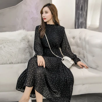 2021 Naujų Korėjos Mados Moterų Ilgas Rankovėmis Polka Dot Plisuotos Suknelė Juoda Vintage Drabužių Pavasario Lady Ilgą Šifono Suknelę 3670 50