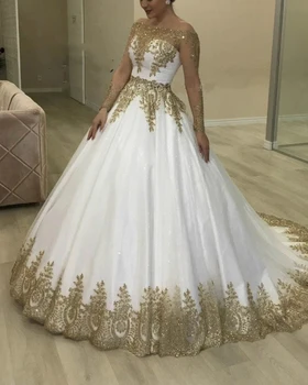 2021 Prabanga Dubajus Balta Ir Aukso Vestuvių Suknelė Vien Visą Rankovės Valtis Kaklo Appliqued Blizgučiai Blizgančiais Nėrinių Nuotakos Oficialią Suknelės