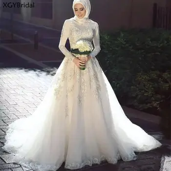 2021 Princesė Musulmonų Arabų Vestuvių Suknelės Linijos Nuotakos Suknelė Ilgomis Rankovėmis Nėrinių Aplikacijos Hijab Užtrauktukas Atgal Vestidos De Noiva