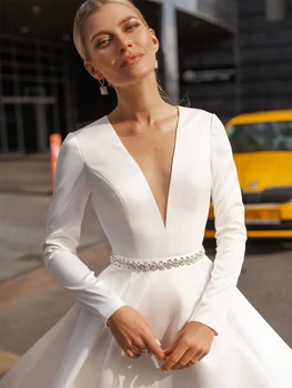 2021 Satino Vestuvių Suknelė Vestuvių Suknelė Ilgomis Rankovėmis, V-Kaklo Duobute Diržo Atvira Nugara Elegantiškas Vestuvių Suknelės Vestido De Noiva