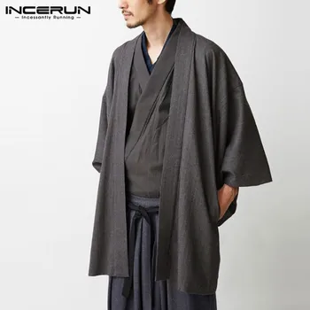 2021 Senovinių Kinų Stiliaus Marškiniai Vyrai Ilgai viršutiniai Drabužiai Mens vientisos Spalvos ilgomis Rankovėmis Kimono Palaidinė Atvira Dygsnio S-5XL INCERUN7