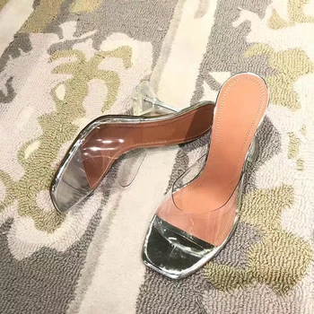 2021 vasaros nauja tendencija kristalų kulno atidaryti tne sandalai ir šlepetės mados PVC skaidri stiletto aikštėje pirštą moteriškos basutės