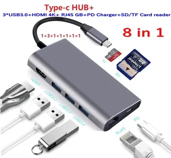 20PCS USB3.1 Tipas-c 8 in 1 Multi-uostai KONCENTRATORIUS-USB-C 3*HUB 3.0 HDMI4k RJ45 1000Mbps +PD+TF/SD Kortelių Skaitytuvą, Skirtą 