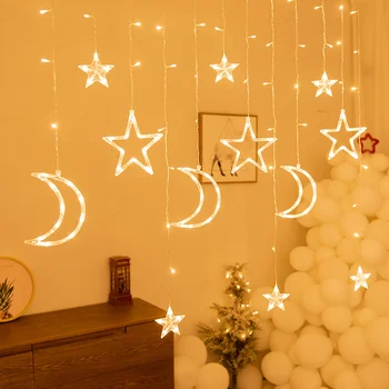 220V Moon Star LED Užuolaidų Šviesos Vestuvių Girliandą Ornamentu Pasakų Šviesos Lempos String Festivalis Šalies Namų Langų Apdailos