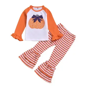 2vnt Bamblys Vaikams Baby Girl Komplektus Helovinas Drabužius Kūdikiams, Moliūgų Blyksnius Rankovėmis marškinėliai+Dryžuotas Ilgas Kelnes Rudenį Casual1-5T