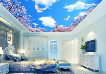 3d tapetai pasirinktinius nuotraukų freskos mėlynas dangus Vyšnių medžiai lubų tapetai kambario dekoravimas, tapyba 3d sienų freskomis tapetai, 3d