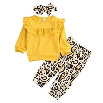 3PCS Bamblys Vaikams Baby Girl Drabužius ilgomis rankovėmis geltona Pynimas Viršūnes Leopard Kelnes Lankelis Komplektai Rinkinys