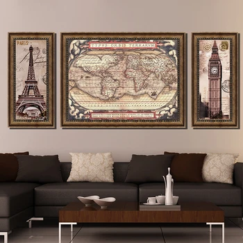 3pcs Meno Nuotraukas senovės Pasaulio Žemėlapyje, Paryžiaus Eifelio Bokštas Didelis HD Modernių Namų Sienų Dekoras Abstrakčios Drobės Spausdinti Naftos Tapyba