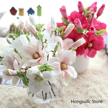 3Pcs Modeliavimas Magnolija Dirbtinių Gėlių Puokštė Šilko Gėlių vidaus Apdailos Troba Stiliaus Vestuvių Netikrą Ekranas Gėlės