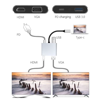 4 In 1 Tipas-C-HDMI 4K VGA USB3.0 Audio Video Adapteris PD Greitas Įkroviklis DQ-Drop