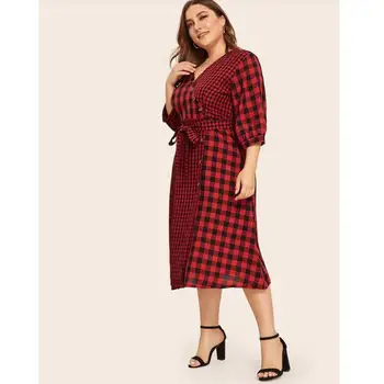 4xl plius dydis Plaid marškinėliai suknelė vintage red rudens žiemos moterų suknelė didelis dydis-Line laisvas darbo pareigas, midi suknelė vestido femme