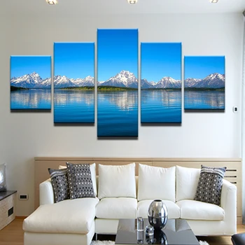 5 Kolektorių Mėlynas Dangus Ežeras ir Sniego Kalnų Drobė Spausdina Gyvenimo Kambario Sienos paveiksl Dovana, Namų Puošybai
