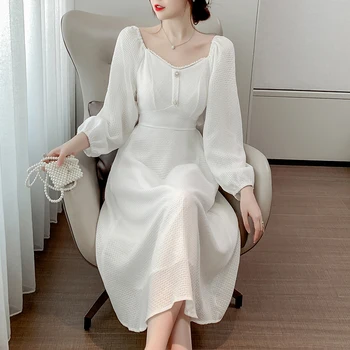 #5314 Juoda Balta Midi Suknelė Moterims Aikštėje Apykaklės Atsitiktinis High Waisted-line Suknelė Moterų Žibintų Rankovėmis Ponios Suknelės Pavasario