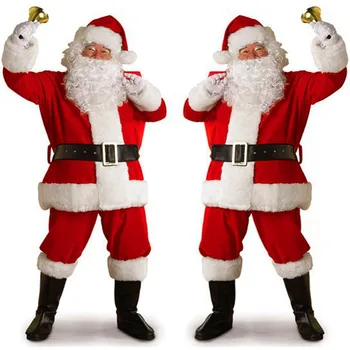 5VNT Kalėdų Drabužius Cosplay Kostiumas Vyrams, Moterims, Mielas Raudona Balta Velvet Viršūnes+Kelnės+Diržus+Hat+Barzda Santa Claus Rinkiniai C32473AD