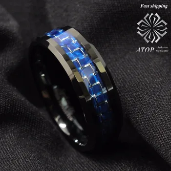 8mm Juodas Volframo Žiedas su Mėlyna juoda Anglies Pluošto Vestuvių Juostoje vyriški papuošalai Nemokamas Pristatymas