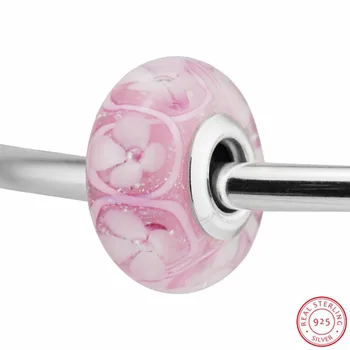 925 Sterling Silver Pink Bloom Murano Stiklo Karoliukai Funkcija Strikling Floaral 