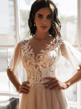 A-Line Wedding Dresses Iliuzija, O Kaklas Trumpas Rankovėmis Varpo Mygtuką Appliqued Blizgučiais Grindų Ilgis 2021 Naujas Ilgos Vestuvinės Suknelės