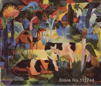 Abstraktusis menas, Peizažas su Karvių ir Kupranugarių August Macke tapyba ant drobės Aukštos kokybės Rankų dažytos