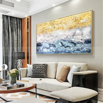 Abstrakčios tapybos drobės aukso akrilo sienos menas nuotraukas kambarį namuose prieškambario dekoro originalios tekstūros quadros caudro dekoras