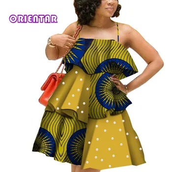 Afrikos Suknelės Moterims Afrikos Drabužius Sexy Diržas per Petį Plisuotas Raukiniai Suknelė Afrikos Spausdinti heidi bazin Riche Suknelės WY4721