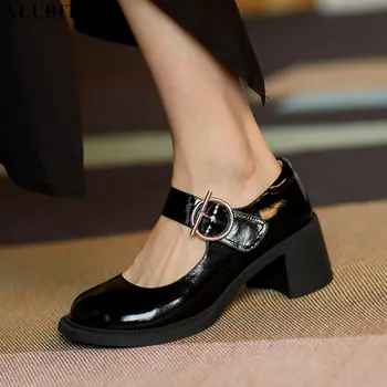 ALLBITEFO aukštos kokybės natūralios odos storio kulniukai moterų batai, prekės ženklo aukštakulnius office ponios batai moterų aukšto kulno batai