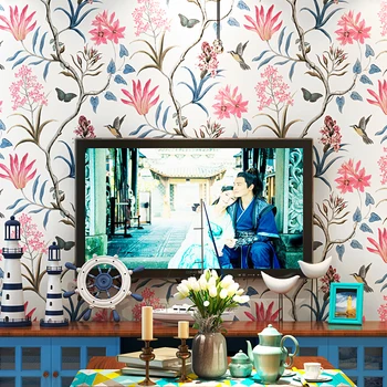 Amerikos šalyje tapetai mažų šviežių sodo gėlių ir paukščių miegamojo kambarį restoranas, Viduržemio jūros regiono stiliaus, TV foną