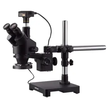 AmScope 3,5 X-45X Juoda Trinokulinis Stereo, Zoom Mikroskopą ant Vienos Rankos Bumas Stovas + 144 LED Žiedas-šviesos 5MP su USB3.0 Fotoaparatas