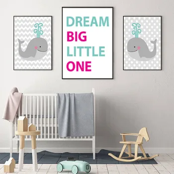 Animacinių filmų Mielas Banginis vaikų Darželio Sienos paveiksl Dream Big Little Viena Citata Drobės Tapybos Rožinės ir Pilkos spalvos Baby Girl Miegamojo Puošimas