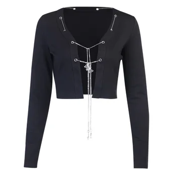 ArtSu Seksuali Moteris Pasėlių Top Marškinėliai ilgomis Rankovėmis susagstomi megztiniai Black, Gothic Streetwear Grandinės Dviratininkas Viršūnes Atsitiktinis Moterų Marškinėliai TS52529