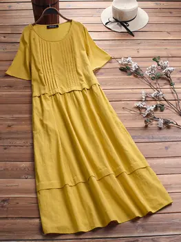 Atsitiktinis kratinys ilga suknelė didelio dydžio, kietos paplūdimį moterys maxi suknelė plius dydžio geltonos spalvos medvilnės, lino suknelė vasaros vestidos 2019