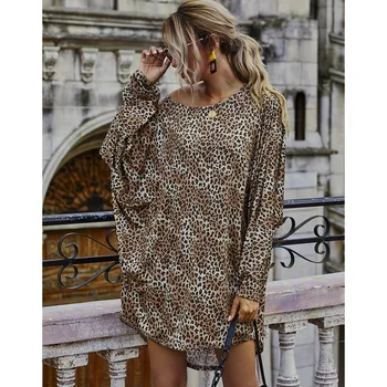 Atsitiktinis Leopardas Spausdinti Mini Suknelė Moterims Asimetrinė ilgomis Rankovėmis, O ant Kaklo Rudens Drabužiai Prarasti Derliaus Spausdinti Suknelės 2020 m.