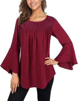 Atsitiktinis patogiai blyksnius rankovės kietasis nėrinių moteris, t-marškinėliai, mados pavasario rudens o-kaklo megztinis moteriška tee viršų