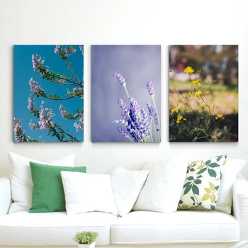 Augalų kraštovaizdžio aliejaus tapybai geltoni milteliai violetinė gėlė meno drobė, tapyba kambarį koridoriaus juostą namų puošybai freskos