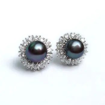 Auginami 8-9mm black pearl stud auskarai>>>mergaitės, vienas Nemokamas pristatymas
