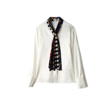 Aukštos kokybės šilko balta palaidinė bowknot dizaino moterų mados vientisos spalvos ilgomis rankovėmis jaukus rudens office lady elegantiškas marškinėliai