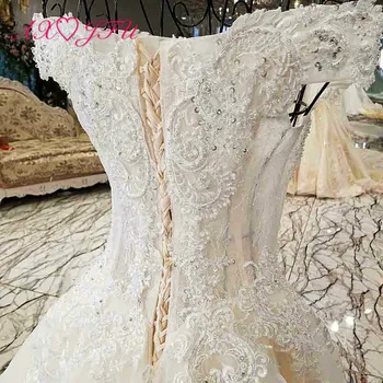 AXJFU prabanga princesė duobute diamond white gėlių nėrinių vestuvių suknelė vintage rankų darbo valtis kaklo iliuzija vestuvių suknelė QSYS1227