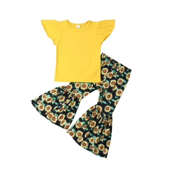 Baby Girl Drabužiai Nustatyti Kūdikių Mergaičių Skristi Rankovės Yellow Top marškinėliai+Saulėgrąžų Užsiliepsnojo Kelnės Spausdinti Prarasti Užsiliepsnojo Kelnės Drabužius, 1-6T