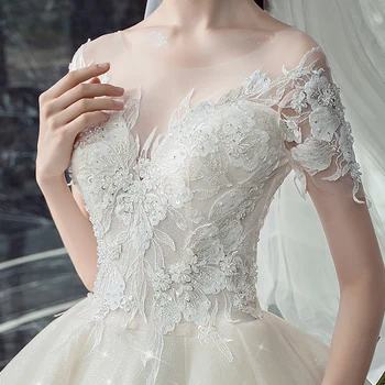 Balta Vestuvinė Suknelė O-Kaklo Gėlių Spausdinti Siuvinėjimas trumpomis Rankovėmis, Paprastas, Elegantiškas Blizgančiais Nėrinių Ilgai, Moterų Nuotakos Suknelės B015