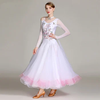 Baltos spalvos Aukštos Kokybės Naujas Pramoginių šokių konkursas standarto suknelė suknelės šiuolaikinio šokio kostiumas moterims pramoginiai valsas suknelė