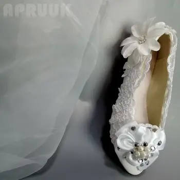 Baltos spalvos nėrinių kristalų, cirkonio butai batus moteris prabangus dizainas ponios gėlių mergaitė bridesmaid šalis vestuvių butai plius dydžio batų