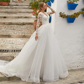 Baltos spalvos Nėrinių Vestuvių Suknelės Moterims 2020 Plus Size ilgomis Rankovėmis Vestuvinės Suknelės V-Kaklo-Line Nuotakos Suknelė Mygtuką Vestido De Noiva