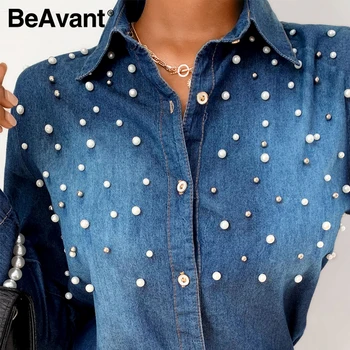 BeAvant High street pearl gradientas džinsinio marškinėliai moterų Ilgas rankovėmis mygtukai palaidinukė ponios Atsitiktinis mados moterų marškiniai rudenį 2020 m.