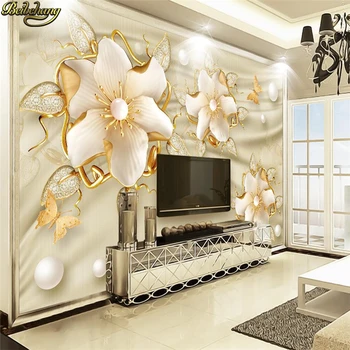 Beibehang Pasirinktinius Nuotraukų 3D sienų Tapetai kambarį įgaubtas-iškilūs Prabanga Aukso Papuošalai Gėlių Šilko, Papuošalais TV Fone