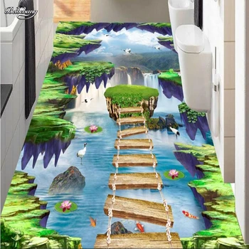 Beibehang Užsakymą didelė freska uolos sustabdytas sala krioklys lotus medienos tiltas vonios kambarys takas 3D grindų sustorėjimas dėvėti