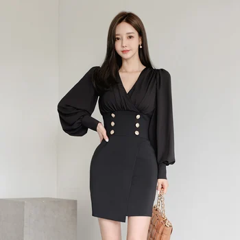 Biuro Suknelė vienas gabalas ponios Korėja Juoda Long Sleeve V-neck Slim Seksualus Šalies verslo Bodycon mini Suknelės moterims drabužių