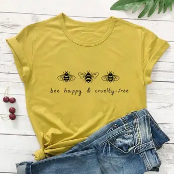 Bičių Laimingas Ir Cruelty Free Bitės Atspausdinti Medvilnės moteriški Marškinėliai Vasaros Juokinga Atsitiktinis O-Kaklo trumpomis Rankovėmis Viršų Būti Laimingas Tees